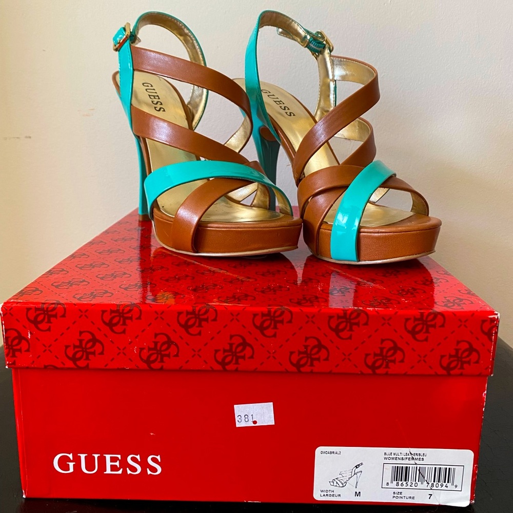 Guess Blue Multi Sandal with Heel - Size 7